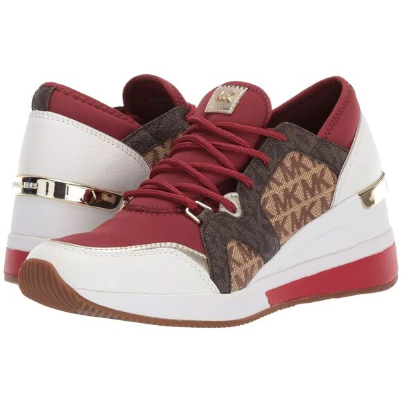 NEW Michael Kors Liv Trainer MK Signature Brandy Multi Wedge Sneakers sz 8.5 - Picture 1 of 7